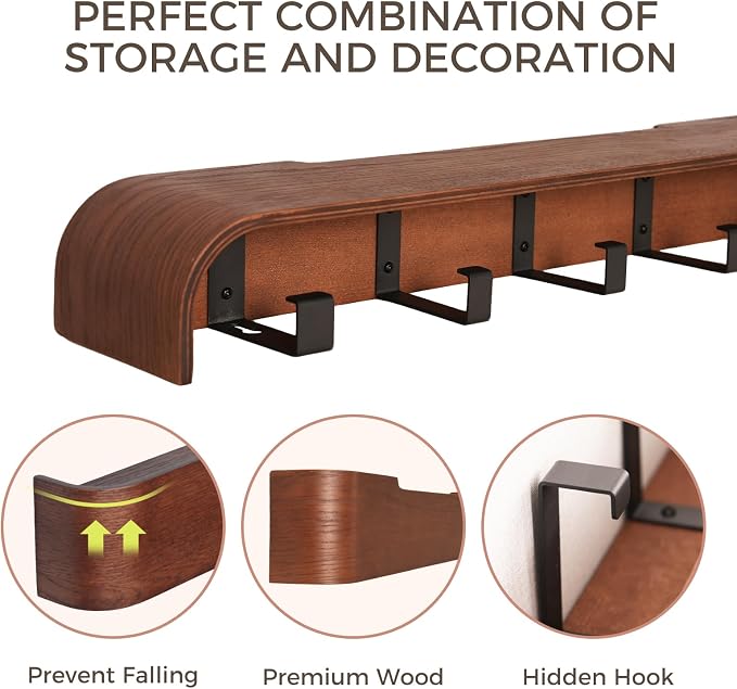 Coat Rack Wall Mount with Shelf Entryway Shelf Modern Key Holder Hanger Wall Shelves with Hidden Hooks for Hanging Towels Coats Hats Bags for Hallway Bathroom Bedroom(Walnut Color, 5 Hooks) - Image 5