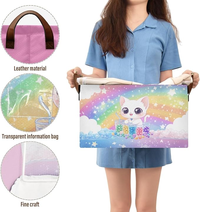Cute White Cat Rainbow Colorful Baby Storage Basket with Labels&Handles Rectangular Nursery Storage Bins Collapsible Shelf Organizer Baskets for Kids Books Cloth Gift Basket Toys Laundry, 2 Pack - Image 4