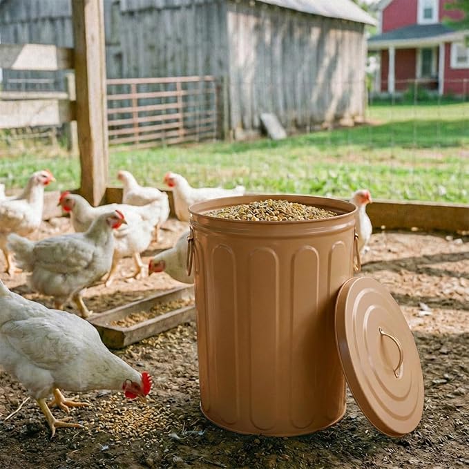 Plexon 5 Gallon Small Metal Trash Can with Lid Outdoor Galvanized Steel Bucket with Lid 5 Gal Storage Can for Dog Food Bird Seed Storage Container, Brown 3 Pack - Image 8