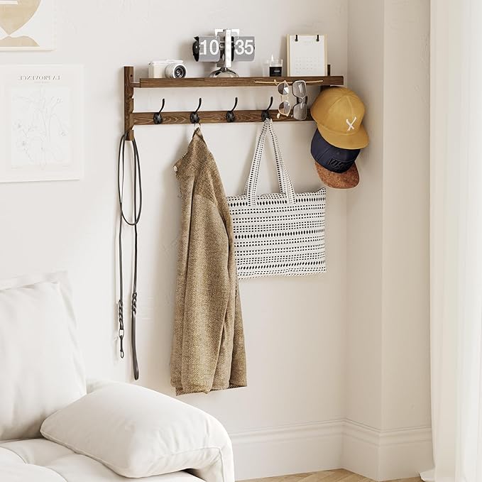 AMBIRD Wall Hooks with Shelf 28.9inch Entryway Wall Hanging Shelf, Wood Coat Hooks, Coat Rack Wall Mount Rack with 5 Dual Hooks, Glasses Organizer and Hat Organizer - Image 2