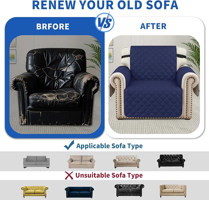 Waterproof Couch Cover for Pets, Sofa Covers for 3 Cushion Couch Washable, Non Slip Couch Covers for Dogs with Side Pockets Elastic Straps, Quilted Couch Covers for Sofa (Sofa, Navy Blue) - Image 7