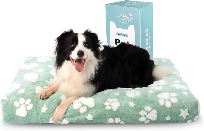Cute Fluffy Dog Beds for Large Dogs, 35"x 22", Green Paw | Thick Dog Bed for Crate Kennel, Pet Bed with Removable Washable Cover, Anti-Slip Bottom by Yaning