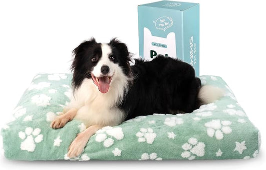 Cute Fluffy Dog Beds for Large Dogs, 35"x 22", Green Paw | Thick Dog Bed for Crate Kennel, Pet Bed with Removable Washable Cover, Anti-Slip Bottom by Yaning