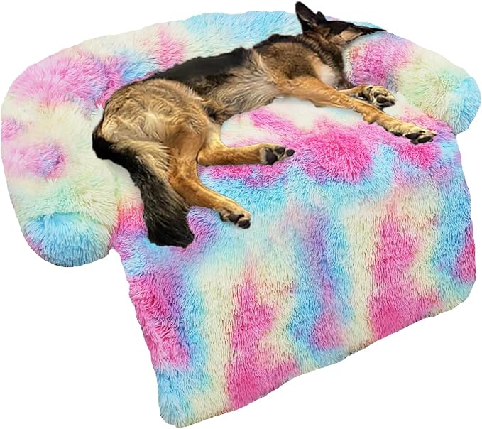 GGIB Calming Dog Bed Fluffy Plush Dog Mat for Furniture Protector with Removable Washable Cover for Large Medium Small Dogs and Cats (Large, Rainbow) by GGIB