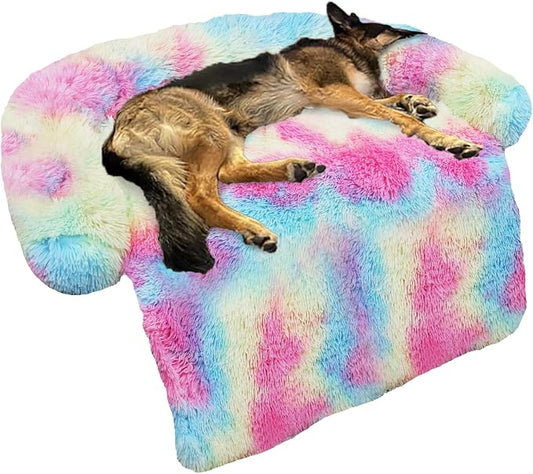 GGIB Calming Dog Bed Fluffy Plush Dog Mat for Furniture Protector with Removable Washable Cover for Large Medium Small Dogs and Cats (Large, Rainbow) by GGIB
