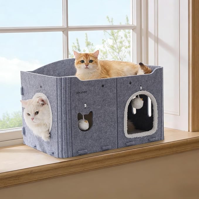 Joydeco Cat House for Indoor Cats, Extra Wide Scratch Resistant Felt Cat Condo, Hideaway Pet Cave Bed with Fluffy Ball and Tunnel for Kitten, Small Dogs, Rabbits, 22.4 x 13.7 x 14.9, Grey - Image 5