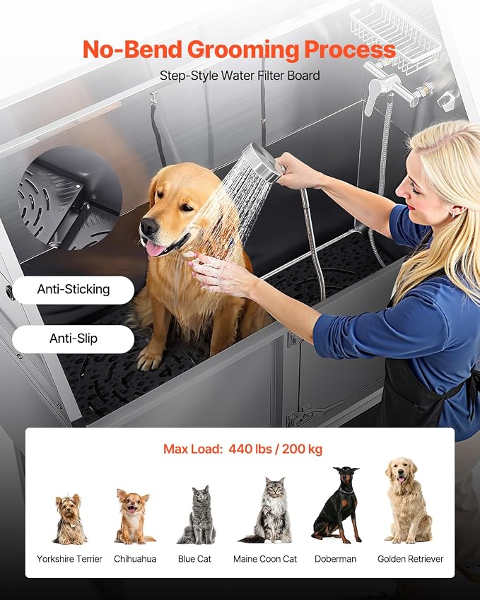 VEVOR Stainless Steel Dog Washing Station, Professional 62 inch Pet Grooming Tub w/Ramp, PE Water Filter Board, Faucet & Showerhead & Soap Holder Bathtub for Large & Medium & Small Pets (Right Door) - Image 4