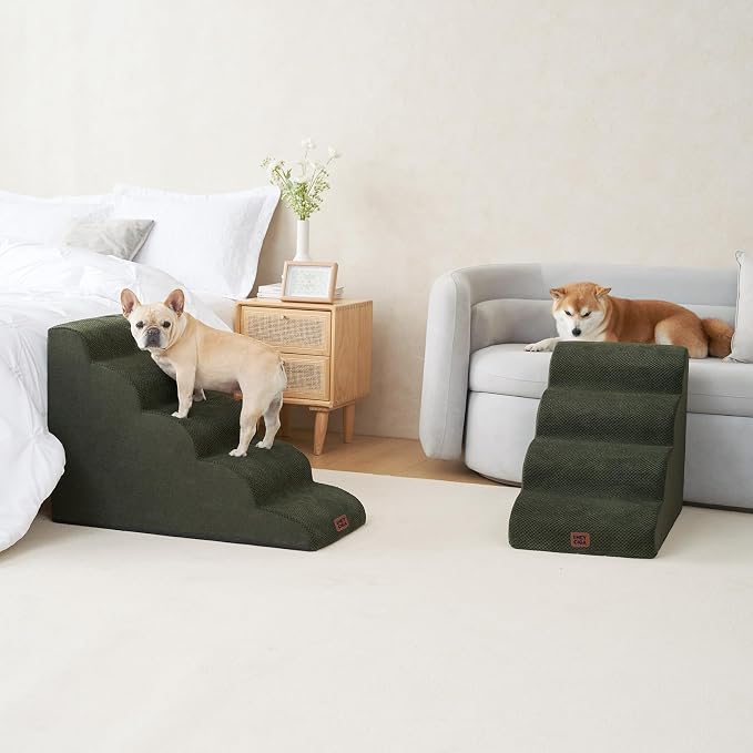 EHEYCIGA Curved Dog Stairs Ramp for High Beds 19.7" H, 4-Step Dog Steps for Small Dogs and Cats, Pet Stairs for High Bed Climbing, Non-Slip Balanced Pet Step Indoor, Military Green - Image 8