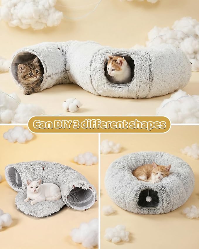 Cat Tunnel Bed with 20 Pcs Interactive Toys, 3-in-1 DIY Collapsible Plush Cat Tube with Washable Mat, Large Indoor Play Tunnel Cave for Kittens and Small Animals - Image 2