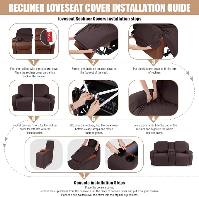 VANSOFY Stretch Recliner Loveseat Cover with Middle Console, Dark Coffee | 4-Pieces, Soft Furniture Protector, Washable Slipcover with Pocket, Pets Sofa Cover, High Stretchy fabric Couch Cover - Image 6
