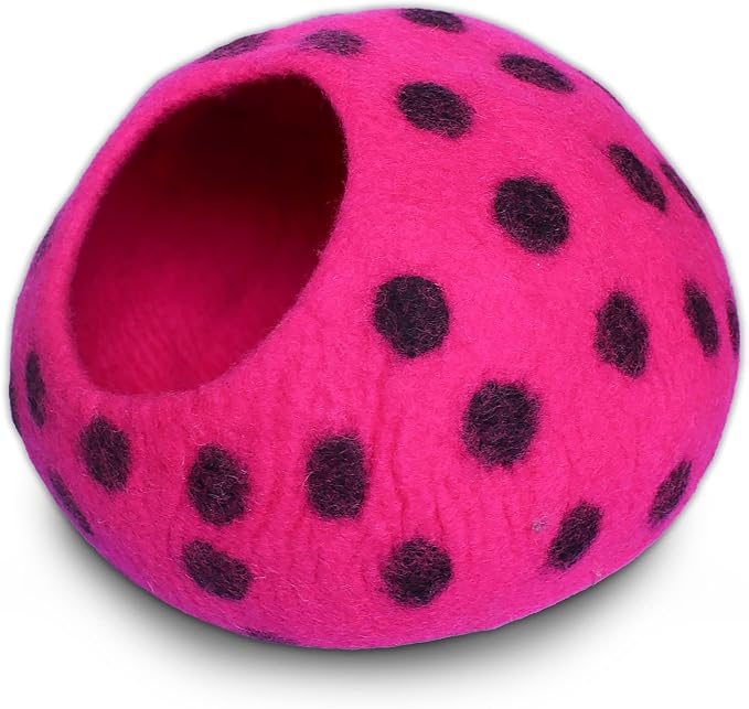 Woolygon Premium Felt Cat Cave Bed – Wool Kitty Beds Handcrafted Kitten Caves Bed for Indoor Cats - Made from Merino Wool, Foldable Cat Hideaway Covered Cat House Pod (Pink Polka) - Image 6