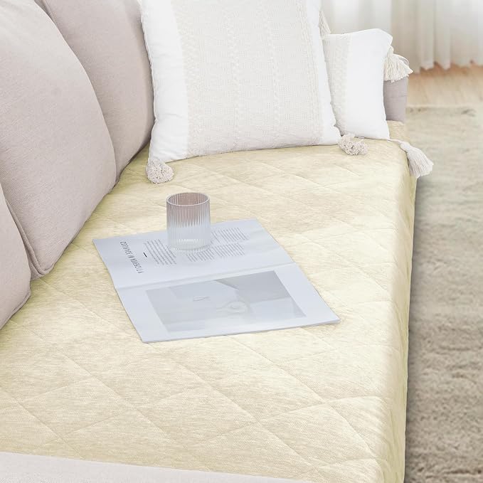 PrinceDeco Couch Covers for Dogs Chenille Sofa Covers for 3 Cushion Washable Quilted Checkered Fuzzy Pet Couch Cover Soft Couch Protector Non-Slip Sofa Pads for Puppy Cat Kids(34.5" x 82", Ivory) - Image 4