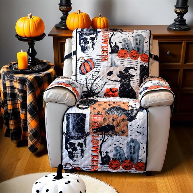 Cmfshape Halloween Skidproof Sofa Cover-Festival Sofa Slipcover with Elastic Straps-Easy Fit Slip Cover-Patchwork Washable Furniture Protector for Pets and Kids(Recliner,Black&Orange) - Image 2