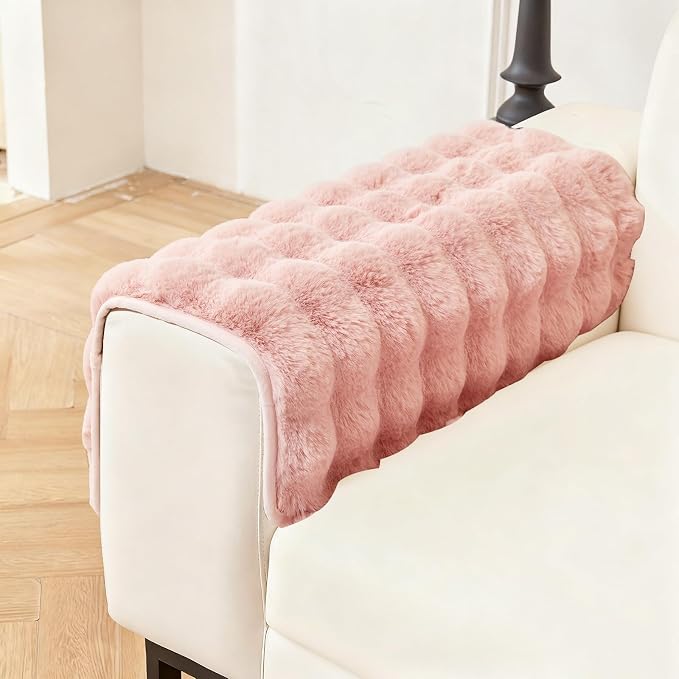 DREAMINGO Faux Fur Couch Armrest Cover, Soft Plush Sofa Covers for Pet Washable, Non Slip Furniture Protector for 2-3 Cushion Couch Sofa, 27.6x27.6 Inch, Pink by DREAMINGO
