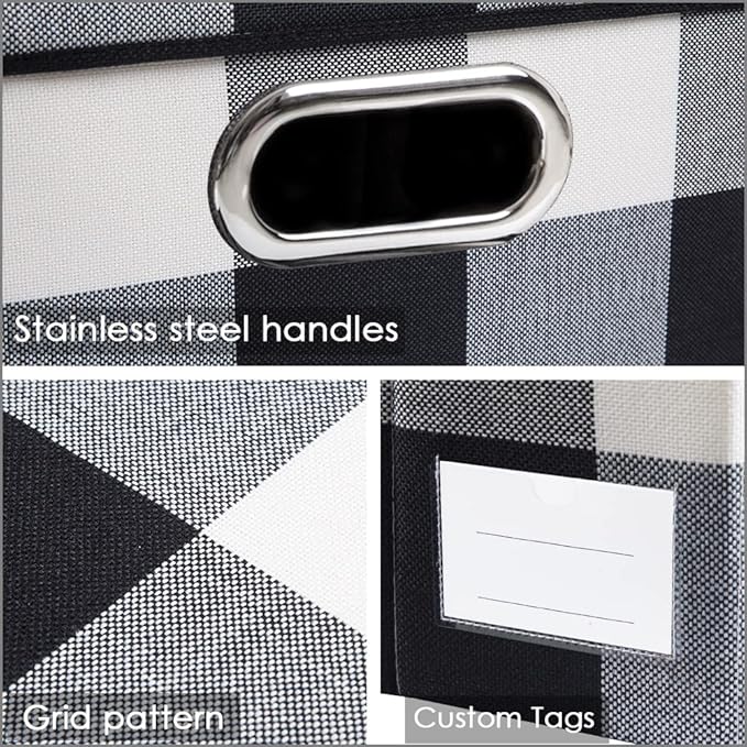 PRANDOM Collapsible Storage Bin with Lid [3-Pack] Fabric Foldable Storage Box Organizer Container Basket Cube with Cover for Home Bedroom Closet Office Nursery Black and White Grid(14.9x9.8x9.8) - Image 5