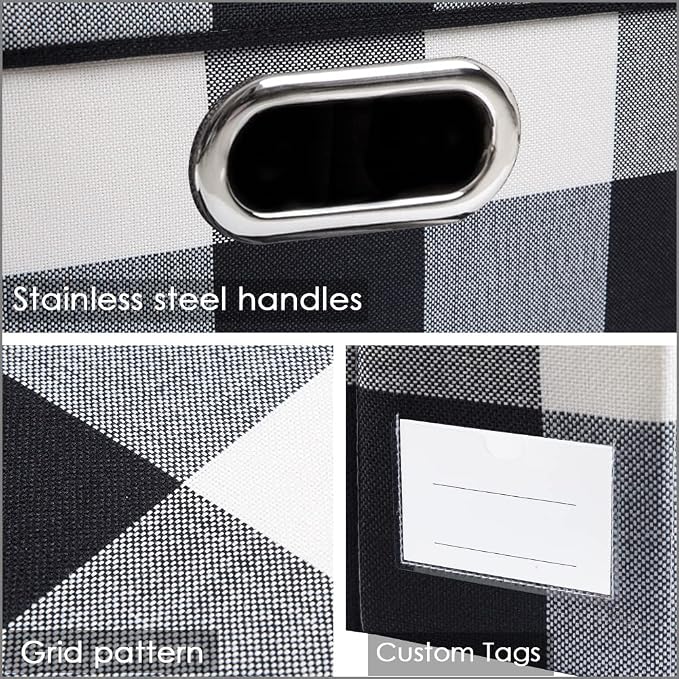 PRANDOM Large Collapsible Storage Baskets for Closet [3-pack] Decorative Fabric Storage Bins Cubes with Leather/Metal Handles for Shelves Bedroom Living Room Black and White Grid (14.9x9.8x8.3 Inch) - Image 5