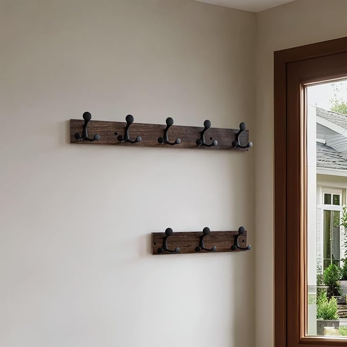 SKOLOO 30-Inch Wood Burnt Coat Rack Wall Mount with 5 Triple Hooks - Ideal for Family Entrances, Classrooms, and Pet Supplies Storage - Perfect Coat Hooks for Wall - Image 3