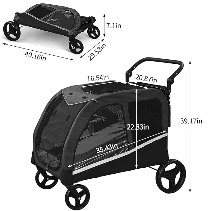 Dog Stroller for Large Dogs, Extra Large Pet Stroller for Medium Dogs, Dog Wagon Carriage, Foldable Design, Adjustable Handle, with Pocket, Up to 130 lbs, Black