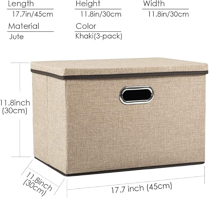 PRANDOM Large Collapsible Storage Bins with Lids [3-Pack] Jute Fabric Foldable Storage Boxes Organizer Containers Baskets Cube with Cover for Home Bedroom Closet Office Nursery (17.7x11.8x11.8) - Image 6