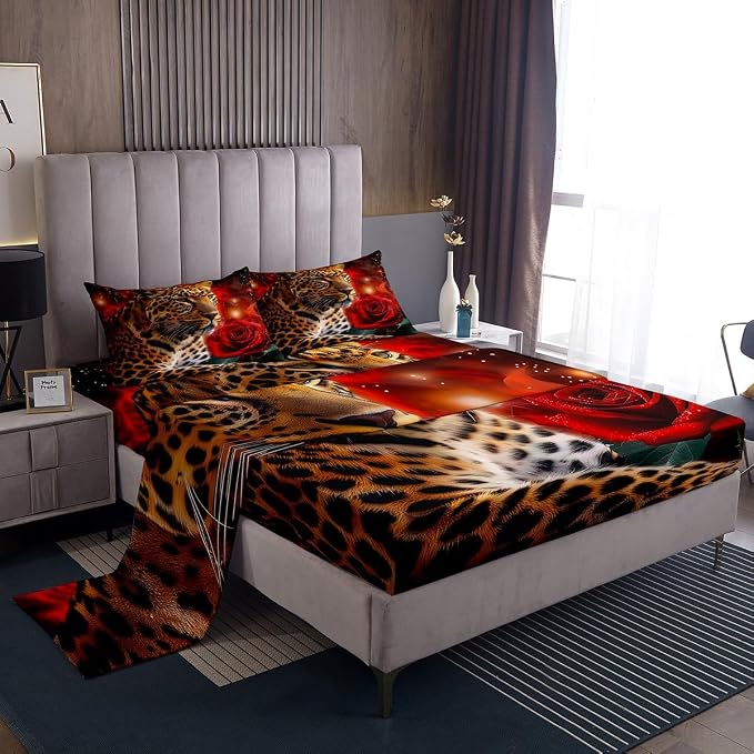 Red Rose Cheetah Bedding Set,Cat Leopard Print Sheet Set,Romantic Flowers Sheets,Chic Wild Animal Theme Fitted Sheet with Floral Flat Sheet for Kids Boys Girls Youth Man Women Bedroom Decor,Queen by Erosebridal