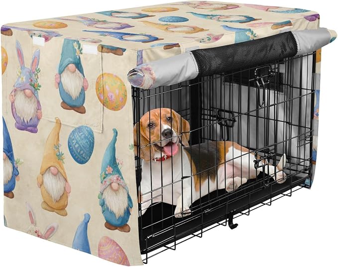 Dog Crate Cover Kennel Cover for Dog Cages Breathable for Wire Cage Indoor Outdoor Easter Gnomes Eggs Beige - Image 2