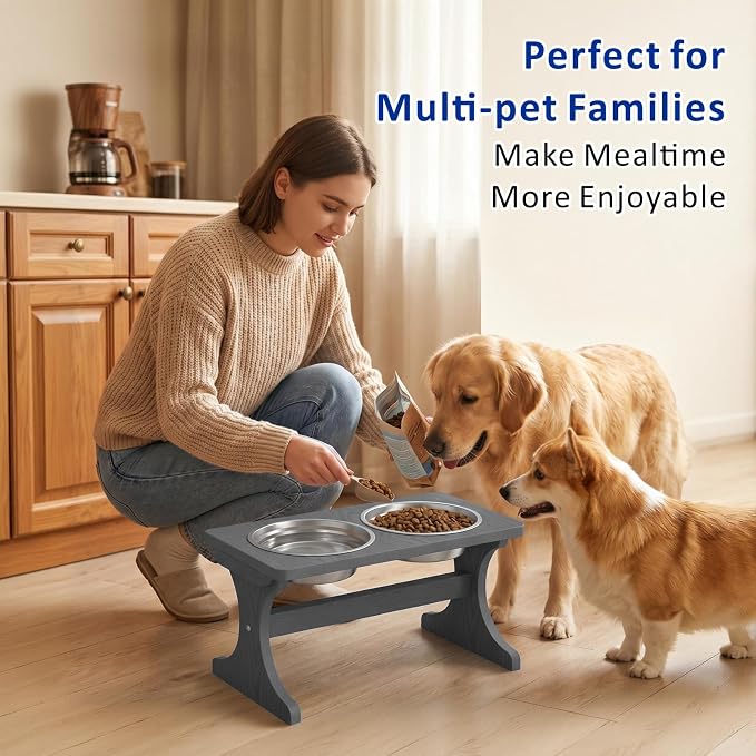 Raised Dog Bowl Stand for Medium Sized Breed, Feeding Station with 35 oz 2 Stainless Steel Bowls & Licking Plate,Dog Food Bowl Gray - Image 3
