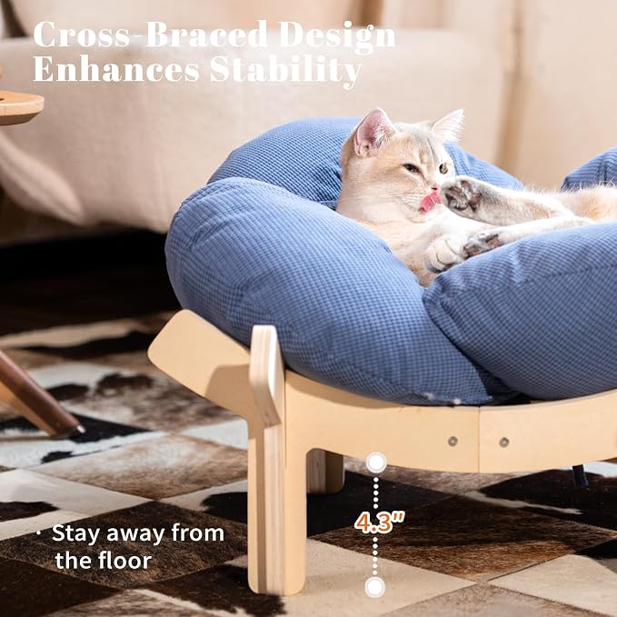 CHEERHOME PETS Elevated Cat Bed Wooden with Cushion Fluffy Pet Couch Sofa for Indoor Cats Raised Kitty Lounge Chair Suitable for Puppy, Cat Furniture(Deep Blue) - Image 2