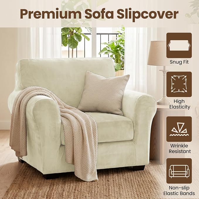 XINEAGE 2-Piece Velvet Armchair Sofa Cover, Couch Covers for Dog,Beige | 1 Cushion Chair,Stretch Non-slip Elastic, Pet-friendly, Washable, Fast Setup, Soft Plush Fabric, Furniture Protector. - Image 2