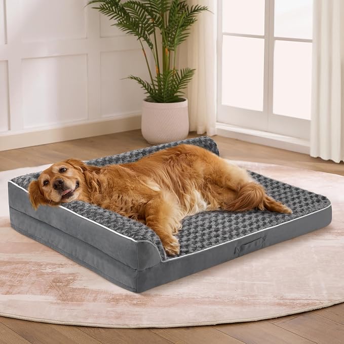 Dog Bed Large Sized Dogs, XL Orthopedic Dog Bed for Large Dogs, Waterproof Pet Bed with Washable Removable Cover, L-Shaped Pet Couch with Portable Handle 42"x30"x7.5", Dark Grey by Aeroluxe