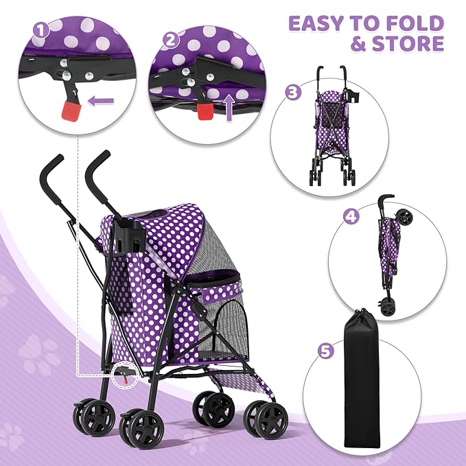 Magshion Compact Pet Stroller for Small-Medium Dogs/Cats up to 22lbs, 4-Wheel Lightweight Umbrella Shaped Portable Puppy Travel Jogger w/Breathable Mesh, Cup Holder & Rear Storage, Purple Polka Dots
