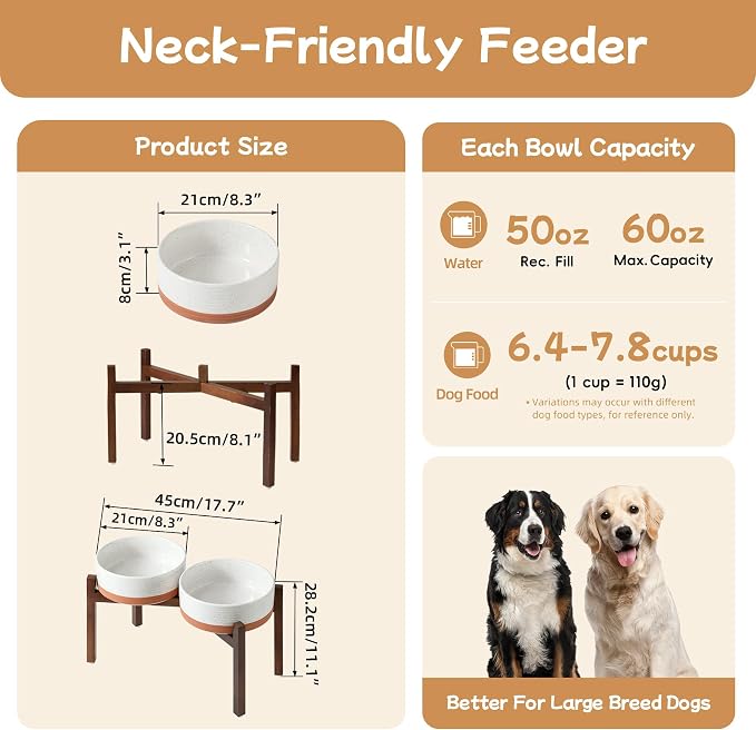 Havniva Elevated Dog Bowls, Ceramic Raised Dog Bowl with Stand | 8.2” Dog Food Bowls Elevated, Dog Food and Water Bowl Set, Non-Slip Acacia Wood Stand, Large Dogs Bowl, 7.6 Cups 60 oz - Image 2