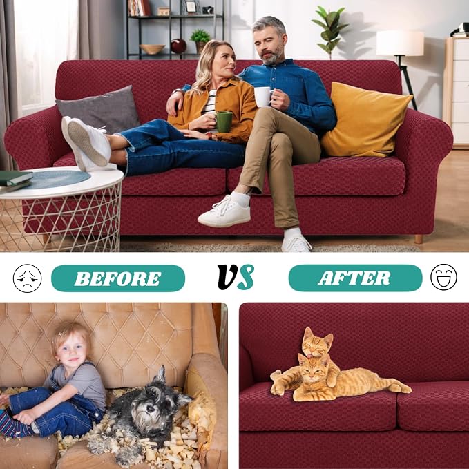 YEMYHOM Latest Checkered 3 Pieces Couch Covers for 2 Cushion Couch High Stretch Sofa Cover with 2 Extra Large Seat Cushion Covers Anti Slip Elastic Slipcovers (Christmas Wine Red), 71"-91"(2 CUSHIONS) - Image 2