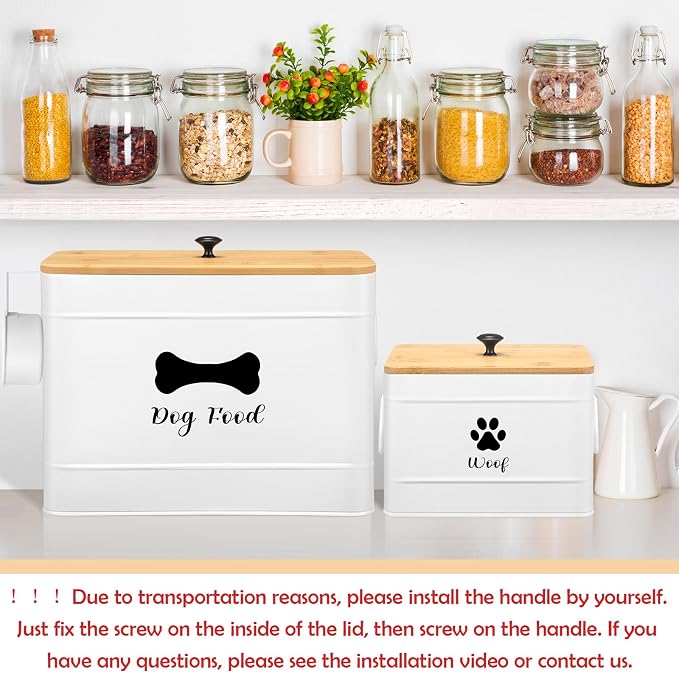 Newtay 2Pcs Extra Large Metal Dog Food Containers Airtight 12 & 3.5 Lbs Dog Treat Snack Jars Set of 2 with Bamboo Lids and Spoons Farmhouse Big Pet Cookie Storage Jars for Kitchen Counter Gift (White) - Image 5