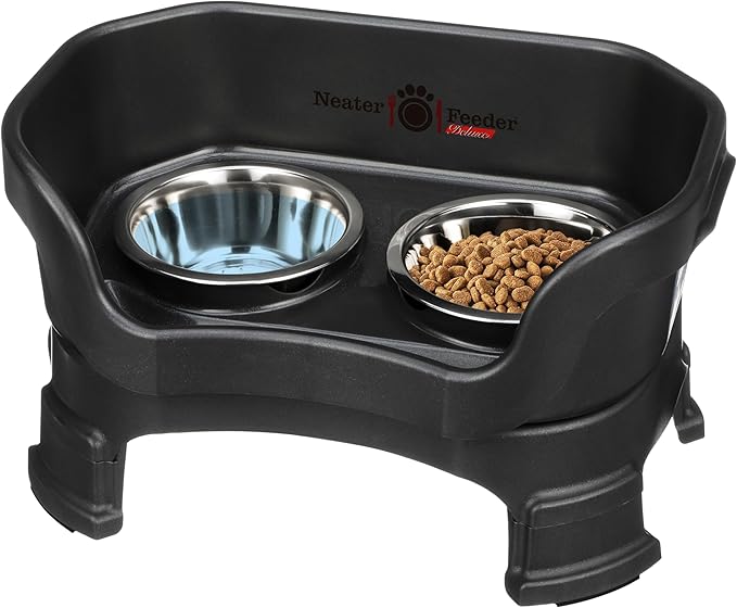 Neater Feeder Deluxe Mess-Proof Elevated Cat Bowls, 2 Height Adjustable (6” & 7.5”) No-Spill Raised Cat Bowl Stand, Whisker Friendly Stainless Steel Dishes for Indoor Cats, Made in USA, Black by NeaterPetBrands