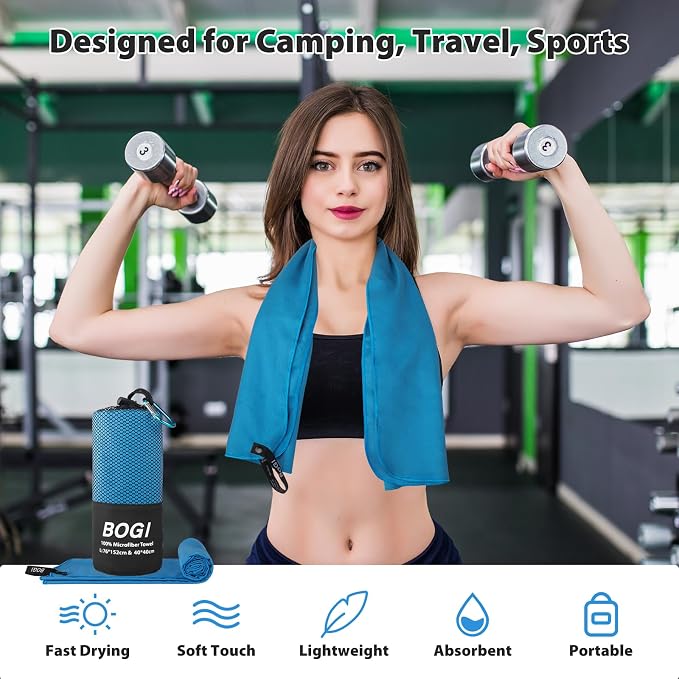 BOGI Microfiber Quick Dry Travel Sports Towel, Blue, 60"x30"+16"x16" | Supper Absorbent, Fasting Drying, Soft Lightweight, Compact for Camping, Hiking, Swimming, Backpacking, Travel, Gym, Yoga - Image 6