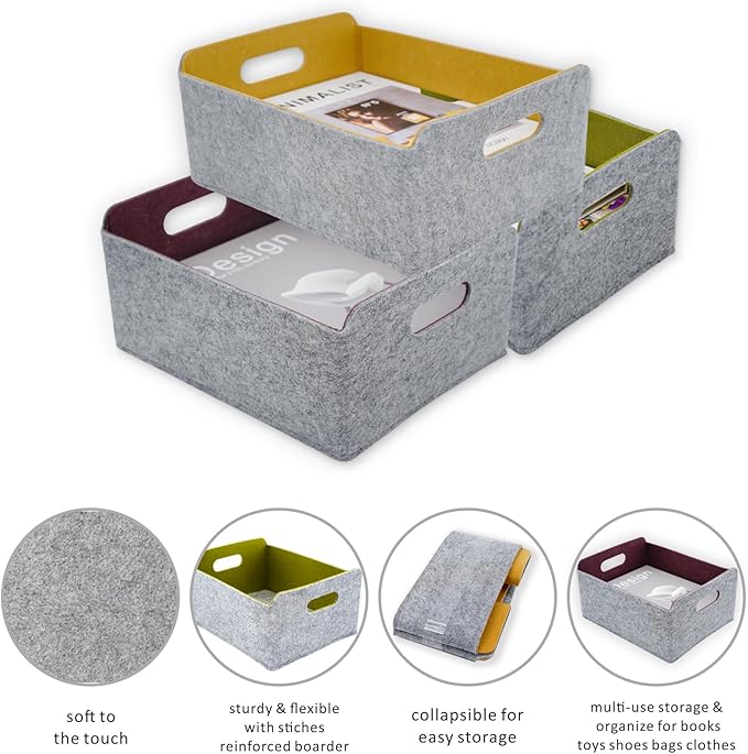 Welaxy Collapsible Felt Storage Baskets, Foldable Shelf Bins for Toys, Clothes, Books & Closet Organization (Curry +Moss green + Wild berry) - Image 2