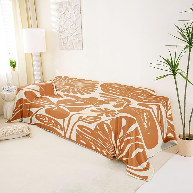 Erosebridal Orange Flower Sofa Cover Boho Floral Couch Cover 71" X 118" Abstract Aesthetic Minimalist Couch Protector Vintage Art 70S Modern Sofa Slipcover for Adult Women Teens, Washable Non Slip - Image 2