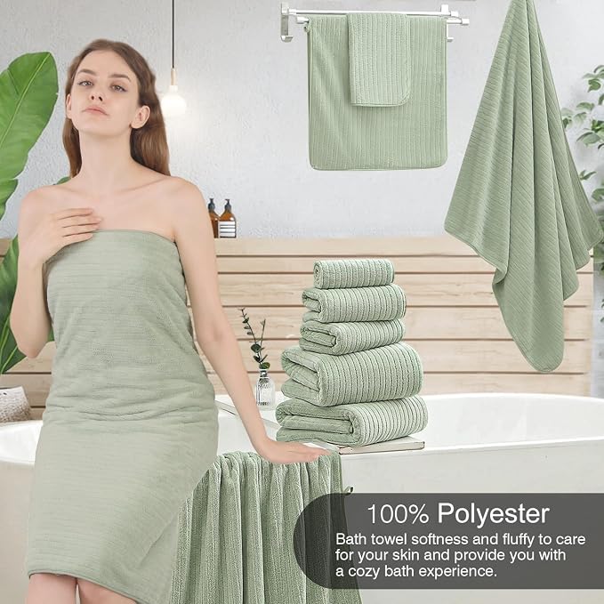 18 Piece Family Bath Towel Set Include 6 Bath Towels,6 Hand Towels and 6 Washcloths Soft Bathroom Towel with Hanging Loops,Highly Absorbent Quick Dry Towels Set for Bathroom,Hotel and Spa-Green - Image 4