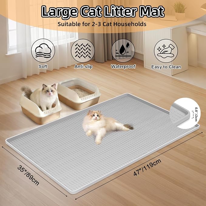 Silicone Cat Litter Mat 47" x 35" Cat Mat for Litter Box, Light Grey | Extra Large Cat Litter Trapping Mat for Floor, Waterproof, Non-Slip Kitty Litter Box Mat with Raised Edge, Easy to Clean - Image 2
