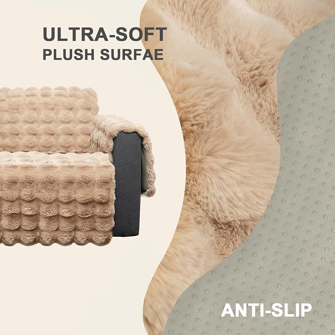 Plush and Fuzzy Shaggy Couch Cover, Dog Pad Faux Fur Sofa Cover, Water Resistant Slipcover, Non-Slip Furniture Protector for Kids,Dogs,Cats.(Light Brown-Bubble, Medium-XL Loveseat) - Image 5