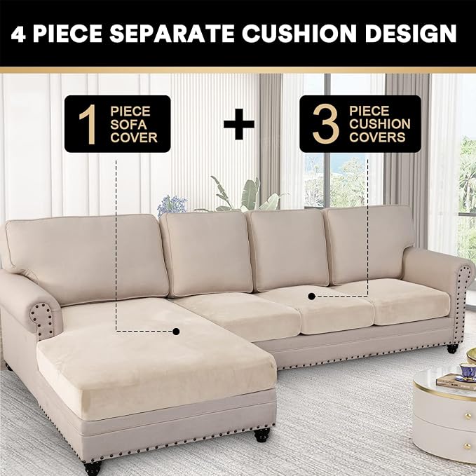 PrinceDeco Sectional Couch Covers 4 Pieces Couch Covers for Sofa Velvet Separate Couch Cover L Shape for Left/Right Chaise(3 Seater + 1 Chaise,Ivory) - Image 3