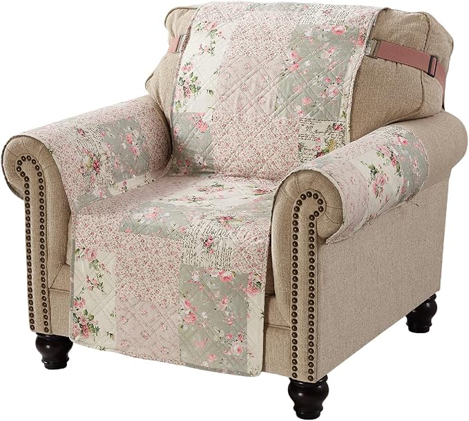 Brilliant Sunshine Rose and Sage Couch Armchair Cover, 23" seat | Traditional Patchwork Design, Non Slip Sofa Cover, Quilted Furniture Protector, Washable Chair Slipcover for Pets, Dogs - Image 3