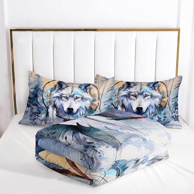Nttopship White Wolf Comforter Sets Full Size for Kids,White Wolves 3D Cartoon and Dream Catchers Comforter Sets All Season 1 Comforter and 2 Pillowcases - Image 5