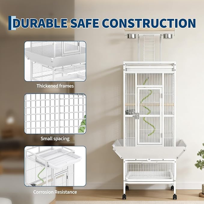 60" h Large Bird Cage, Indoor Parakeet Cage with Playtop, Bird Rope Perche, Heavy Duty Wrought Iron Bird Cage on Wheels for Parrots, Parakeets, Cockatiels, Conures - Image 4