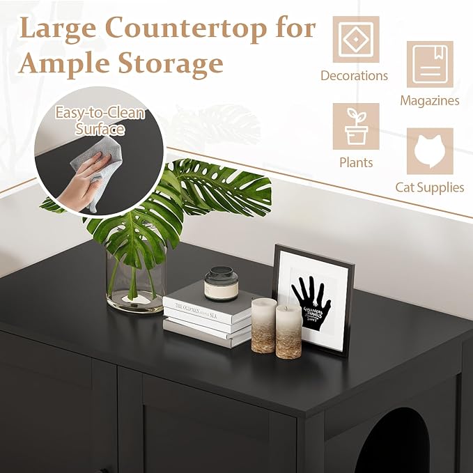 Tangkula Cat Litter Box Enclosure, Wooden Kitty Washroom Cabinet w/Winding Entry & Cat Hole, with Divider, Hidden Double Enclosed Litter Box Furniture for Living Room, Bedroom, Entryway (Black) - Image 9