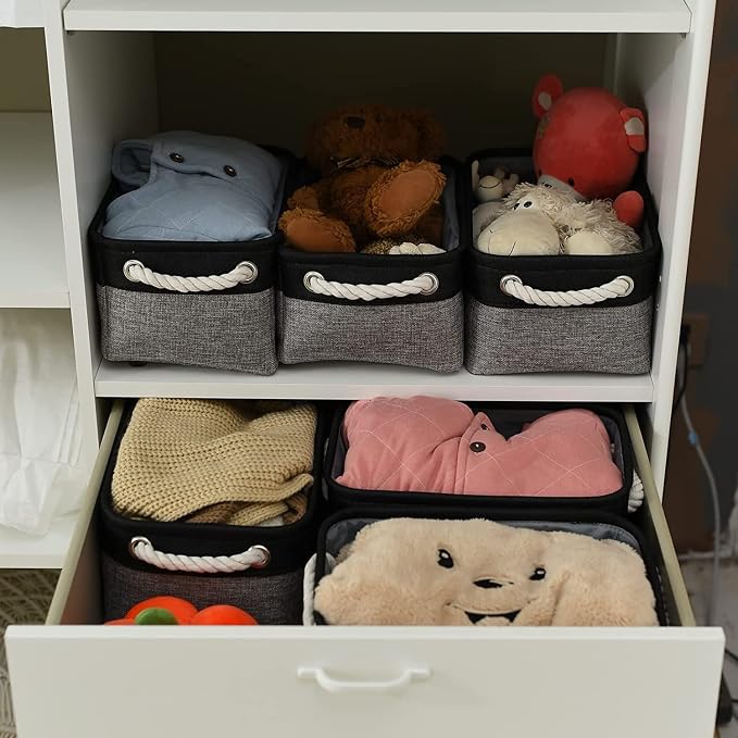 TheWarmHome Storage Basket for Organizing - 12x8x5.2 inch Small 6 Pack Collapsible Storage Bin for Shelves with Rope, Fabric Storage Cubes for Cloth Gift Toy Decorative Organizer (Black & Grey) - Image 3