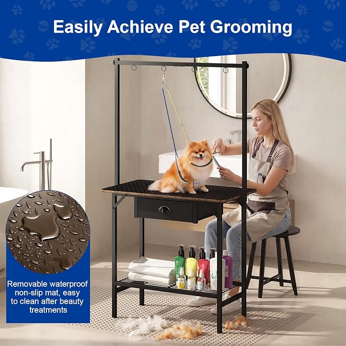 32 Inch Adjustable Dog Grooming Table with Drawer & Non-slip Removable Mat | Pet Grooming Table with Mesh Tray & EVA Protective Lanyard,Professional Grooming Table for small Dogs at Home - Image 6