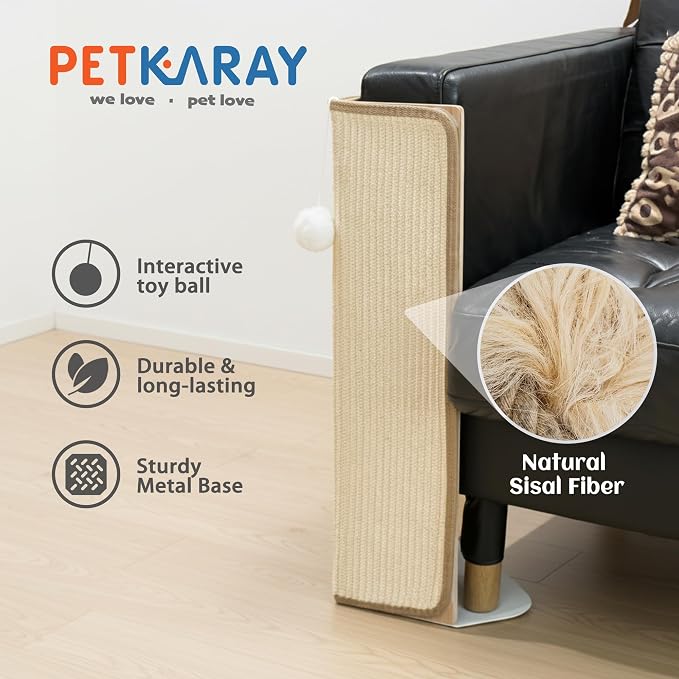 PETKARAY Under-Furniture Cat Scratcher, 23.6'' Sisal Scratching Post for Couch Corner, Furniture Protector Scratch Pad for Sofa with Toy Ball - Image 2