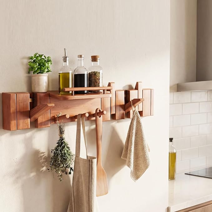 Mid Century Modern Wood Coat Rack Wall Mount with Shelf, 7 Hooks, Walnut | Wood and metal wall rack with fold-down piano-key hooks and display shelf organizes coats, bags, keys and decor up to 25 lb. - Image 9