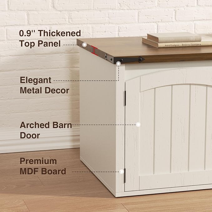 Halitaa Double Cat Litter Box Enclosure, Hidden Litter Box Furniture for 2 Cats, Farmhouse Cat House with Scratch Pad for 2 Litter Boxes, Wooden Enclosed Litter Box Furniture, Entryway Bench, White - Image 4